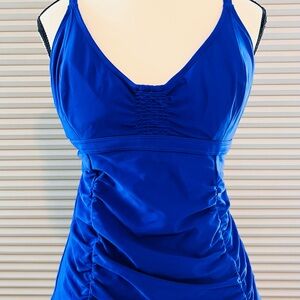 Athleta Blue One Piece Swimsuit with V-Neck and Ruching